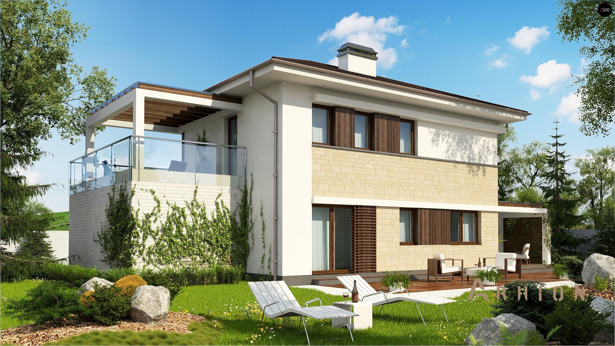 22. Проект двухэтажного дома в современном стиле с четырехскатной, Zx63 B, площадью - 128 кв c терассой, гаражом